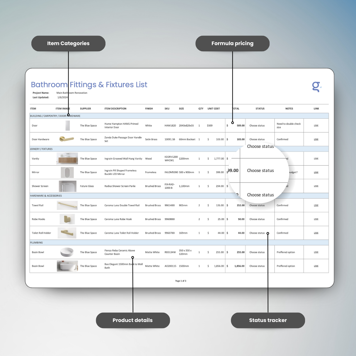 Bathroom Fixtures List Template (FF&E Schedule)