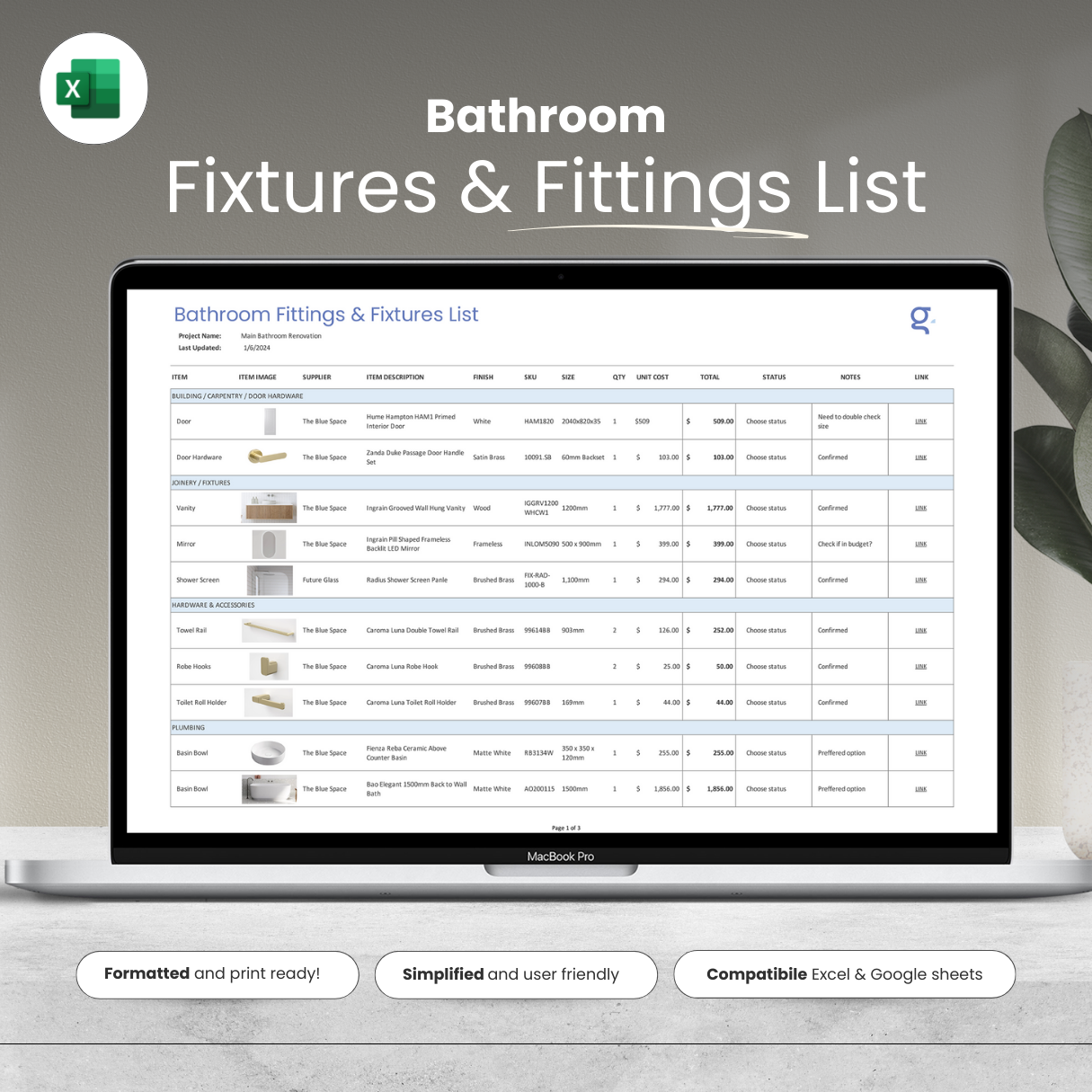 Bathroom Fixtures List Template (FF&E Schedule)
