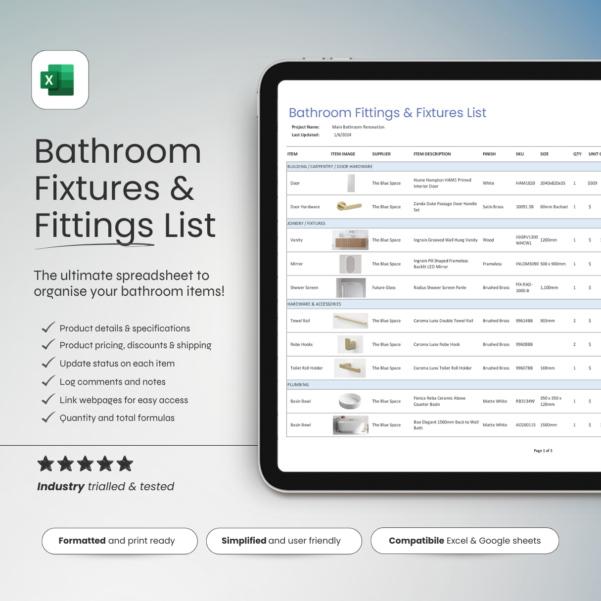 Bathroom Fixtures List Template (FF&E Schedule)