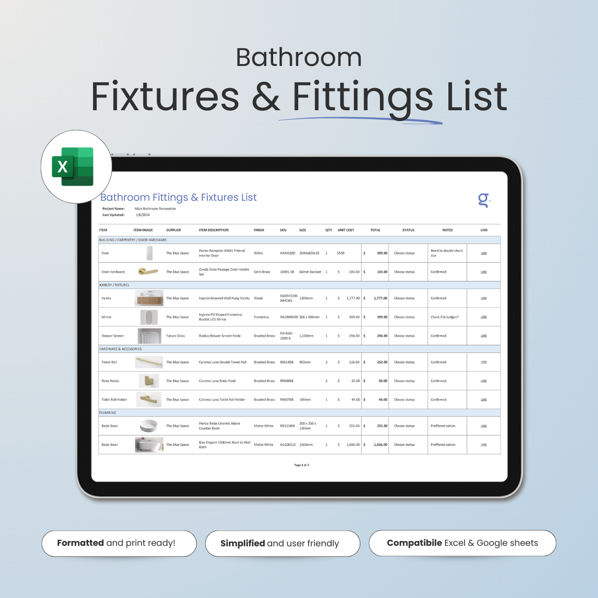 Bathroom Fixtures List Template (FF&E Schedule)